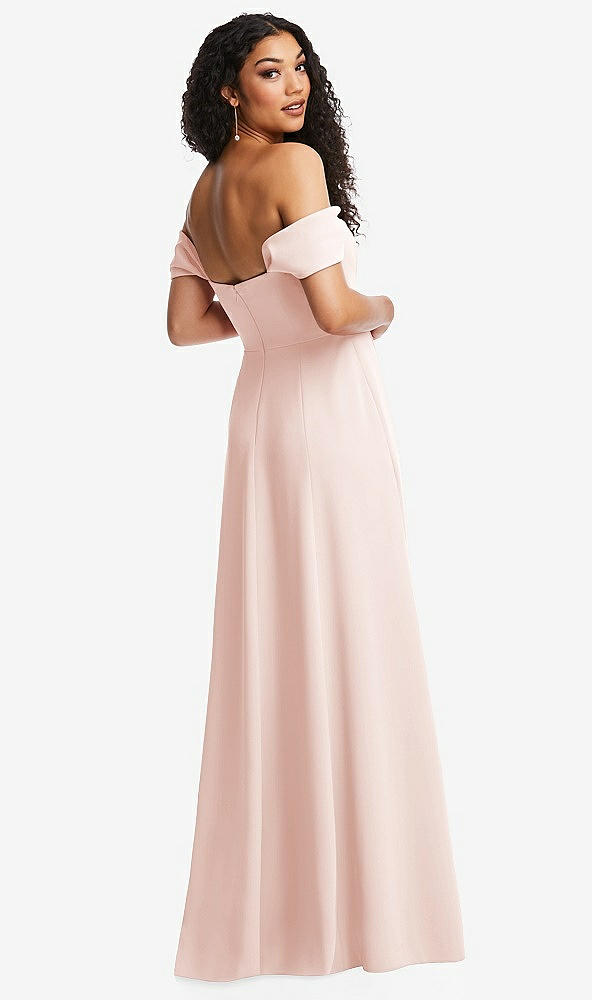 Back View - Blush Off-the-Shoulder Pleated Cap Sleeve A-line Maxi Dress