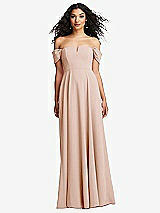 Front View Thumbnail - Cameo Off-the-Shoulder Pleated Cap Sleeve A-line Maxi Dress
