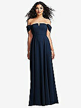 Front View Thumbnail - Midnight Navy Off-the-Shoulder Pleated Cap Sleeve A-line Maxi Dress