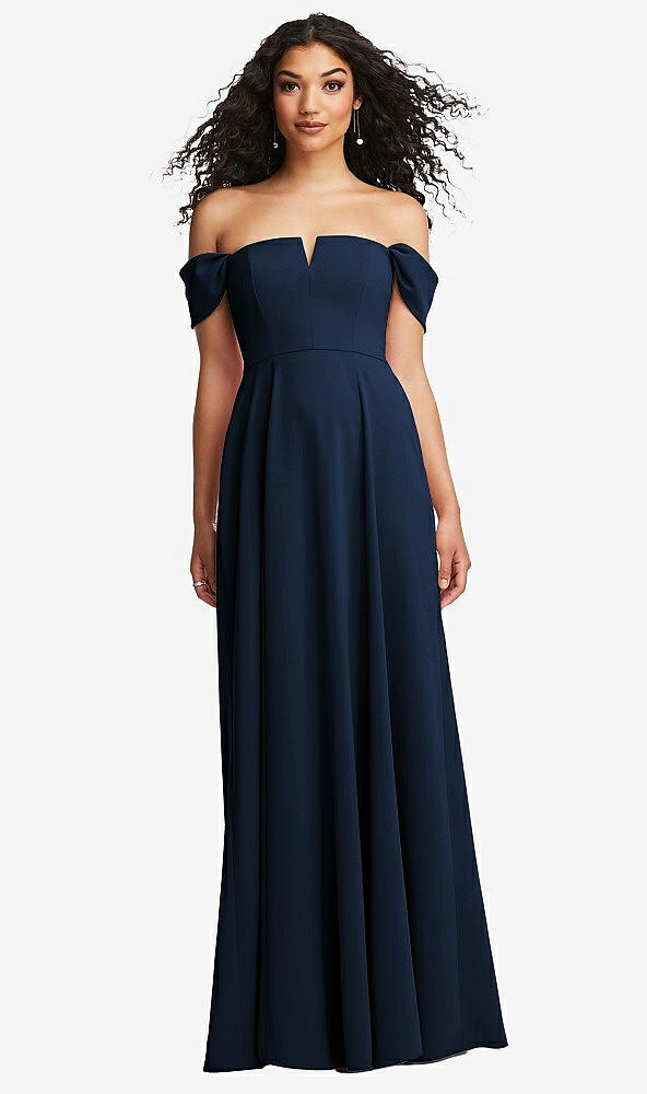 Front View - Midnight Navy Off-the-Shoulder Pleated Cap Sleeve A-line Maxi Dress
