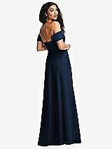 Rear View Thumbnail - Midnight Navy Off-the-Shoulder Pleated Cap Sleeve A-line Maxi Dress
