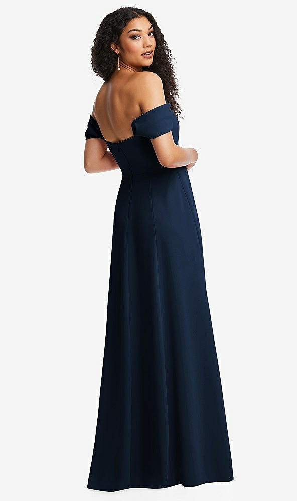 Back View - Midnight Navy Off-the-Shoulder Pleated Cap Sleeve A-line Maxi Dress
