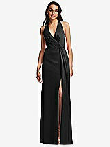Front View Thumbnail - Black Pleated V-Neck Closed Back Trumpet Gown with Draped Front Slit