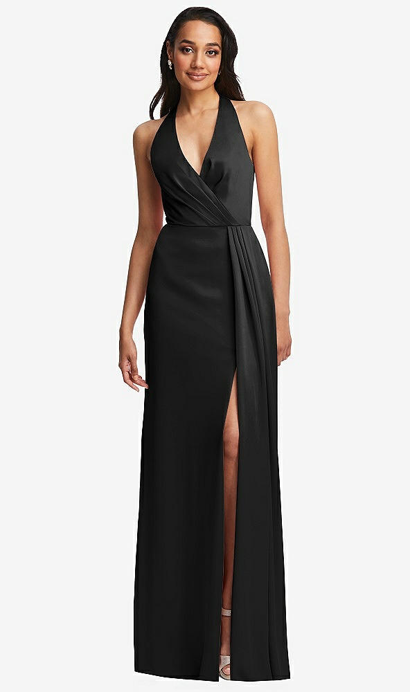 Front View - Black Pleated V-Neck Closed Back Trumpet Gown with Draped Front Slit