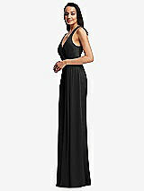 Side View Thumbnail - Black Pleated V-Neck Closed Back Trumpet Gown with Draped Front Slit