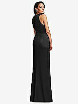 Rear View Thumbnail - Black Pleated V-Neck Closed Back Trumpet Gown with Draped Front Slit