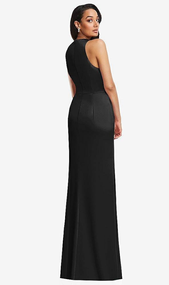 Back View - Black Pleated V-Neck Closed Back Trumpet Gown with Draped Front Slit