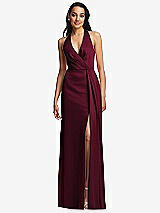 Front View Thumbnail - Cabernet Pleated V-Neck Closed Back Trumpet Gown with Draped Front Slit