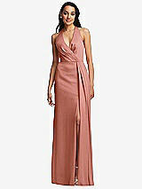 Front View Thumbnail - Desert Rose Pleated V-Neck Closed Back Trumpet Gown with Draped Front Slit