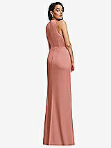 Rear View Thumbnail - Desert Rose Pleated V-Neck Closed Back Trumpet Gown with Draped Front Slit