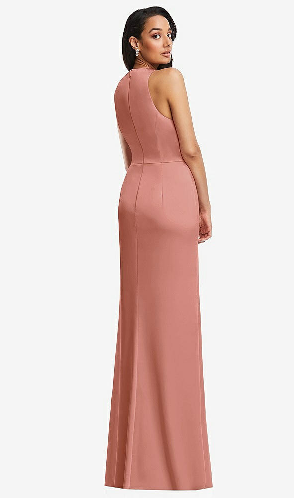 Back View - Desert Rose Pleated V-Neck Closed Back Trumpet Gown with Draped Front Slit
