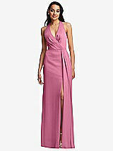 Front View Thumbnail - Orchid Pink Pleated V-Neck Closed Back Trumpet Gown with Draped Front Slit
