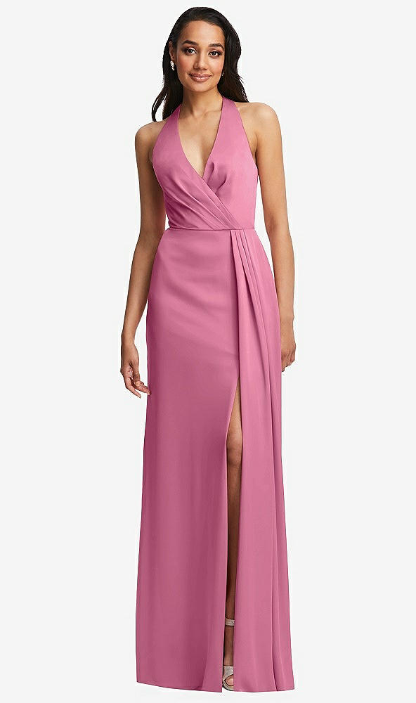 Front View - Orchid Pink Pleated V-Neck Closed Back Trumpet Gown with Draped Front Slit