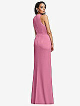 Rear View Thumbnail - Orchid Pink Pleated V-Neck Closed Back Trumpet Gown with Draped Front Slit