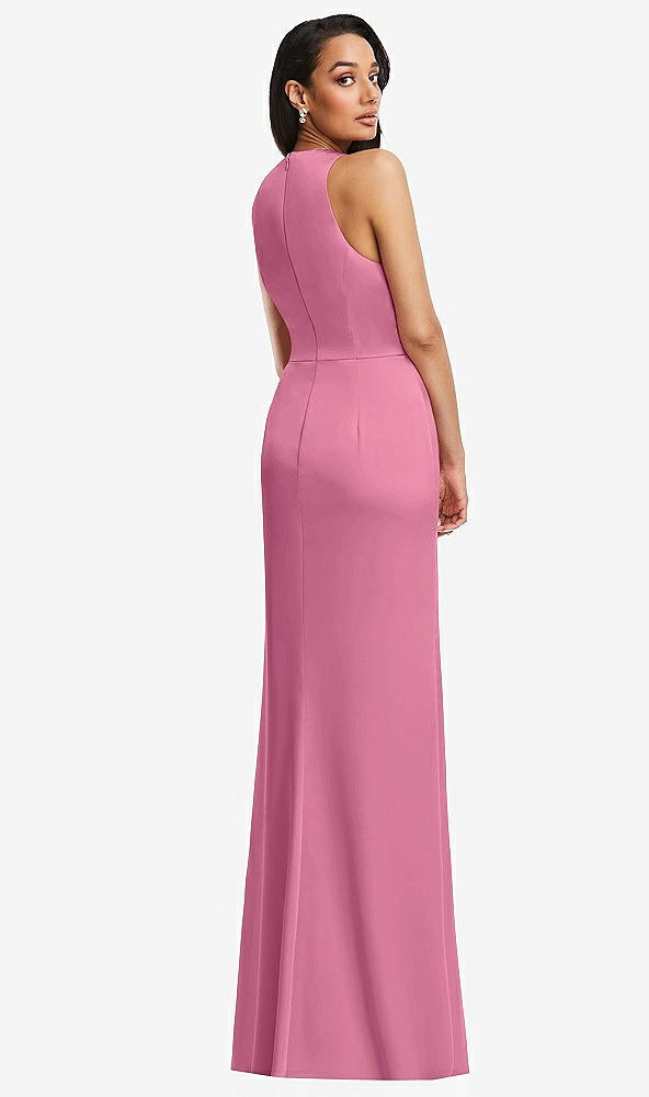 Back View - Orchid Pink Pleated V-Neck Closed Back Trumpet Gown with Draped Front Slit