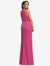 Rear View Thumbnail - Tea Rose Pleated V-Neck Closed Back Trumpet Gown with Draped Front Slit