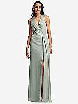 Front View Thumbnail - Willow Green Pleated V-Neck Closed Back Trumpet Gown with Draped Front Slit