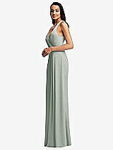 Side View Thumbnail - Willow Green Pleated V-Neck Closed Back Trumpet Gown with Draped Front Slit