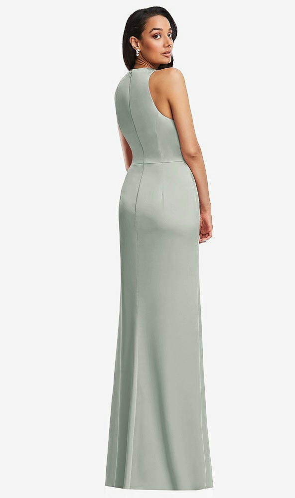 Back View - Willow Green Pleated V-Neck Closed Back Trumpet Gown with Draped Front Slit