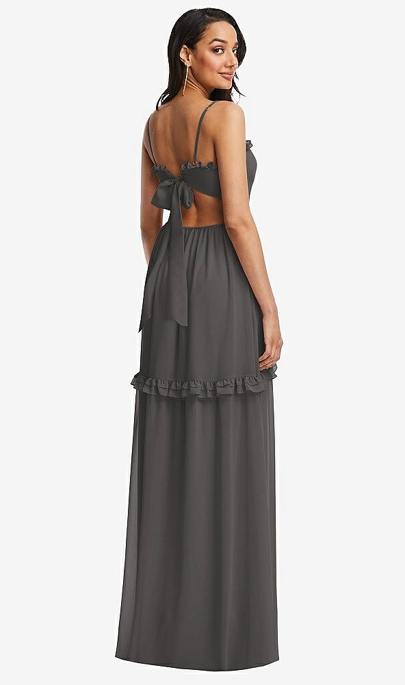 Back View - Caviar Gray Ruffle-Trimmed Cutout Tie-Back Maxi Dress with Tiered Skirt