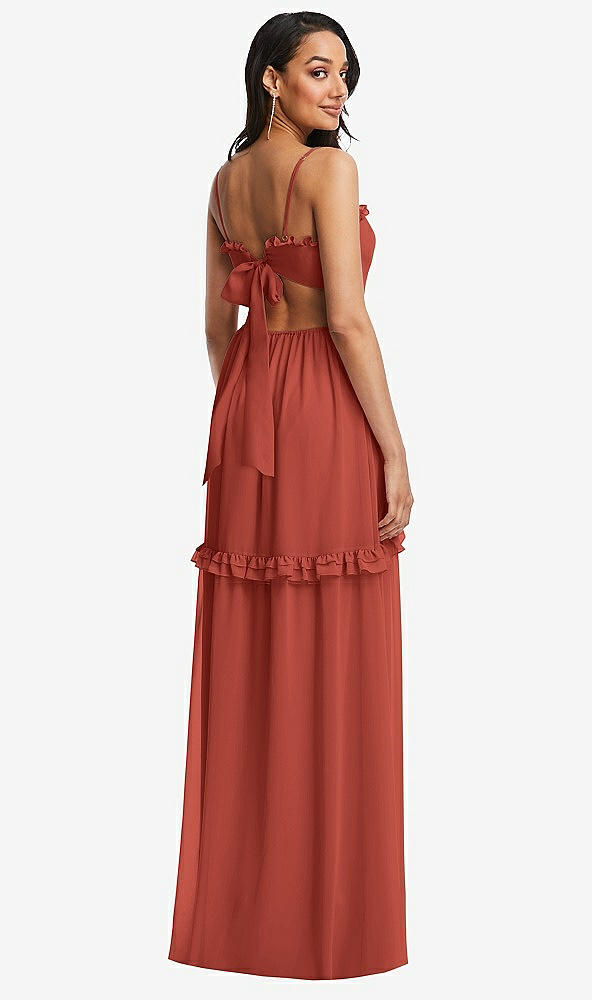 Back View - Amber Sunset Ruffle-Trimmed Cutout Tie-Back Maxi Dress with Tiered Skirt