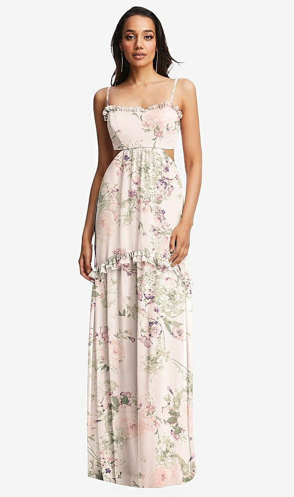 Front View - Blush Garden Ruffle-Trimmed Cutout Tie-Back Maxi Dress with Tiered Skirt