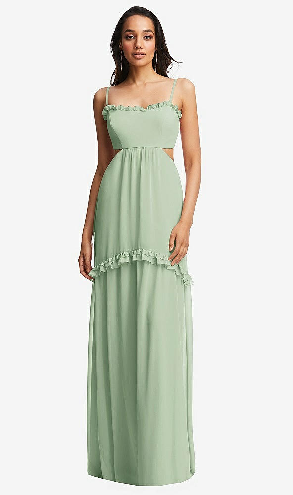 Front View - Celadon Ruffle-Trimmed Cutout Tie-Back Maxi Dress with Tiered Skirt
