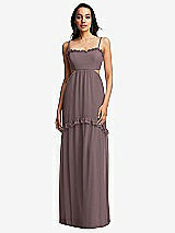 Front View Thumbnail - French Truffle Ruffle-Trimmed Cutout Tie-Back Maxi Dress with Tiered Skirt