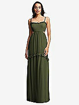 Front View Thumbnail - Olive Green Ruffle-Trimmed Cutout Tie-Back Maxi Dress with Tiered Skirt