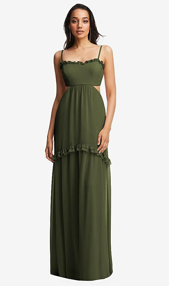 Front View - Olive Green Ruffle-Trimmed Cutout Tie-Back Maxi Dress with Tiered Skirt