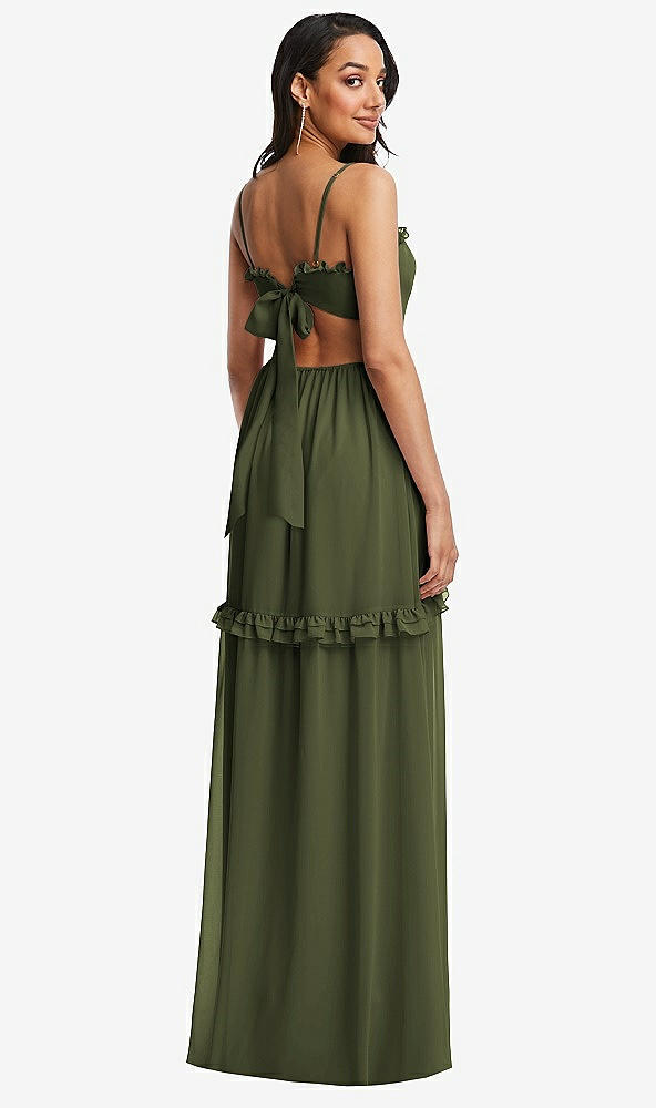 Back View - Olive Green Ruffle-Trimmed Cutout Tie-Back Maxi Dress with Tiered Skirt