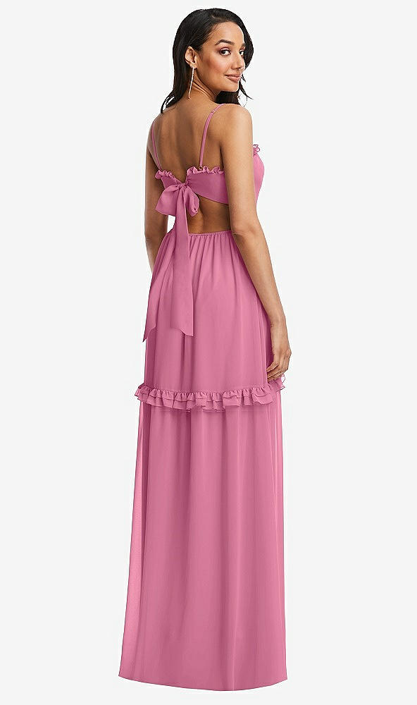 Back View - Orchid Pink Ruffle-Trimmed Cutout Tie-Back Maxi Dress with Tiered Skirt