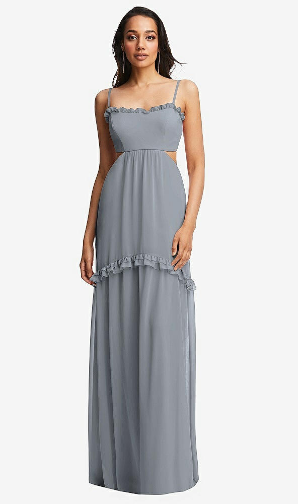 Front View - Platinum Ruffle-Trimmed Cutout Tie-Back Maxi Dress with Tiered Skirt