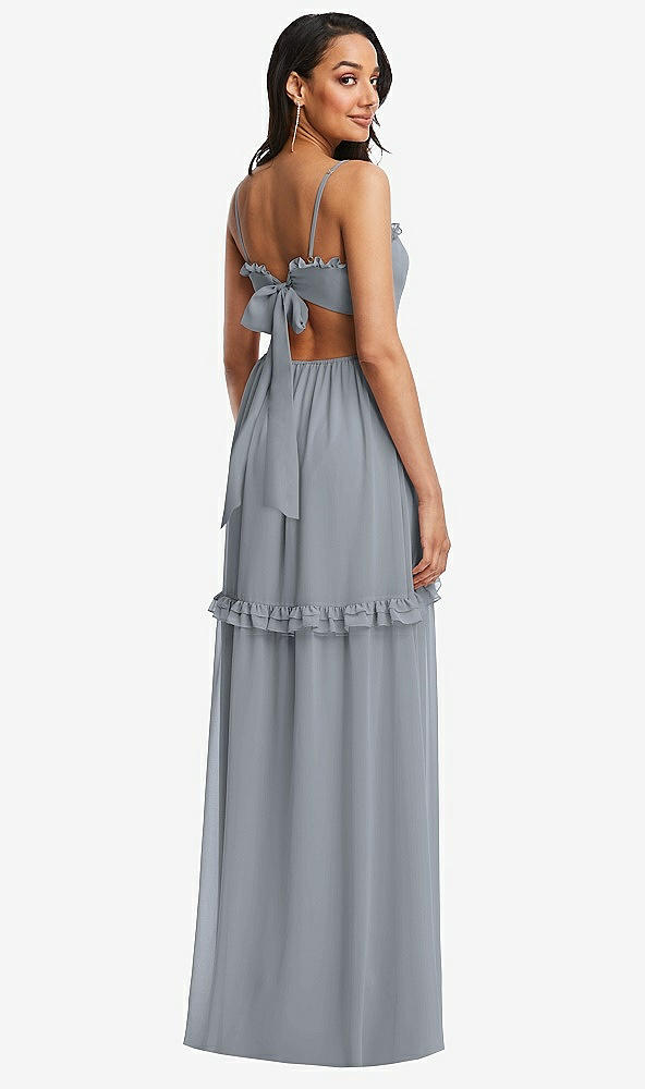 Back View - Platinum Ruffle-Trimmed Cutout Tie-Back Maxi Dress with Tiered Skirt