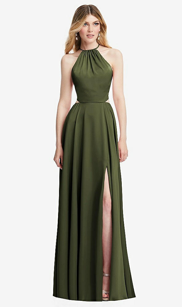 Front View - Olive Green Halter Cross-Strap Gathered Tie-Back Cutout Maxi Dress