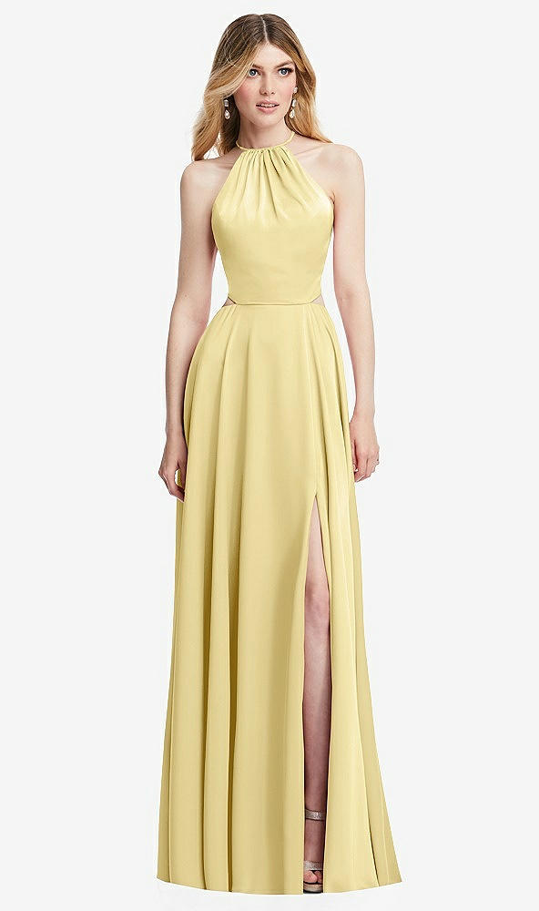 Front View - Pale Yellow Halter Cross-Strap Gathered Tie-Back Cutout Maxi Dress