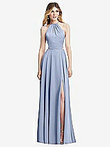 Front View Thumbnail - Sky Blue Halter Cross-Strap Gathered Tie-Back Cutout Maxi Dress