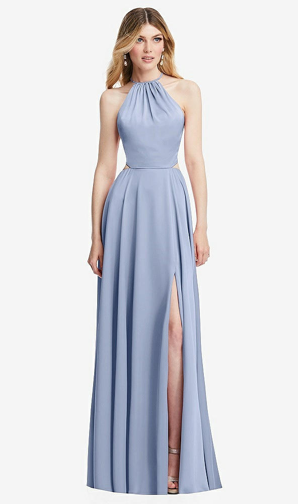 Front View - Sky Blue Halter Cross-Strap Gathered Tie-Back Cutout Maxi Dress