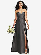 Front View Thumbnail - Caviar Gray Strapless Bustier A-Line Satin Gown with Front Slit