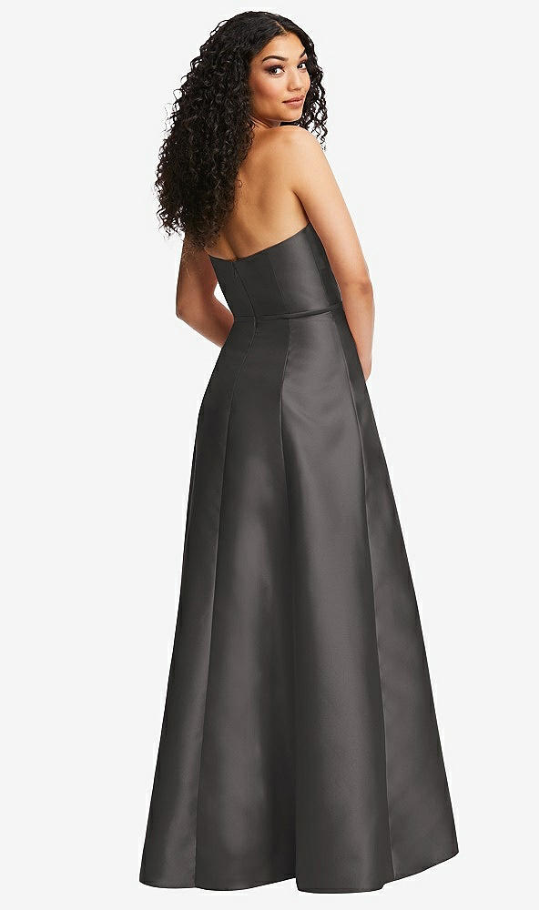 Back View - Caviar Gray Strapless Bustier A-Line Satin Gown with Front Slit