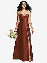 Front View Thumbnail - Auburn Moon Strapless Bustier A-Line Satin Gown with Front Slit