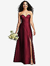 Front View Thumbnail - Burgundy Strapless Bustier A-Line Satin Gown with Front Slit