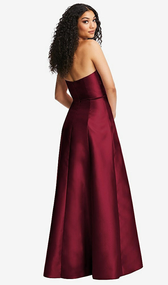 Back View - Burgundy Strapless Bustier A-Line Satin Gown with Front Slit