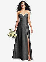 Front View Thumbnail - Gunmetal Strapless Bustier A-Line Satin Gown with Front Slit