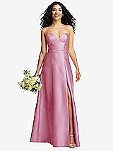 Front View Thumbnail - Powder Pink Strapless Bustier A-Line Satin Gown with Front Slit