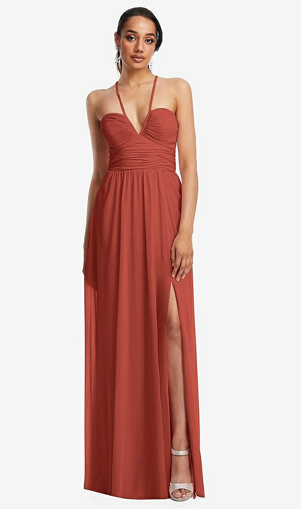 Front View - Amber Sunset Plunging V-Neck Criss Cross Strap Back Maxi Dress