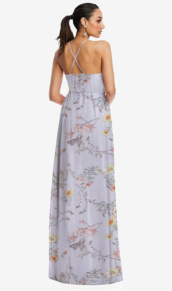 Back View - Butterfly Botanica Silver Dove Plunging V-Neck Criss Cross Strap Back Maxi Dress
