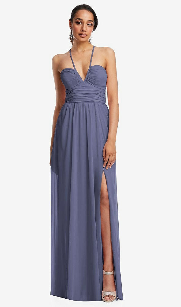 Front View - French Blue Plunging V-Neck Criss Cross Strap Back Maxi Dress