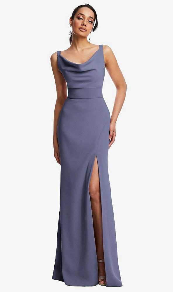 Front View - French Blue Cowl-Neck Wide Strap Crepe Trumpet Gown with Front Slit