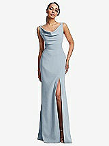 Front View Thumbnail - Mist Cowl-Neck Wide Strap Crepe Trumpet Gown with Front Slit